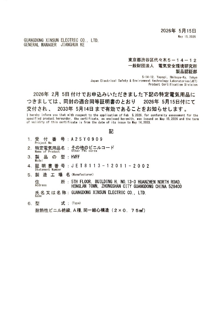PSE PVC系列 HVFF证书